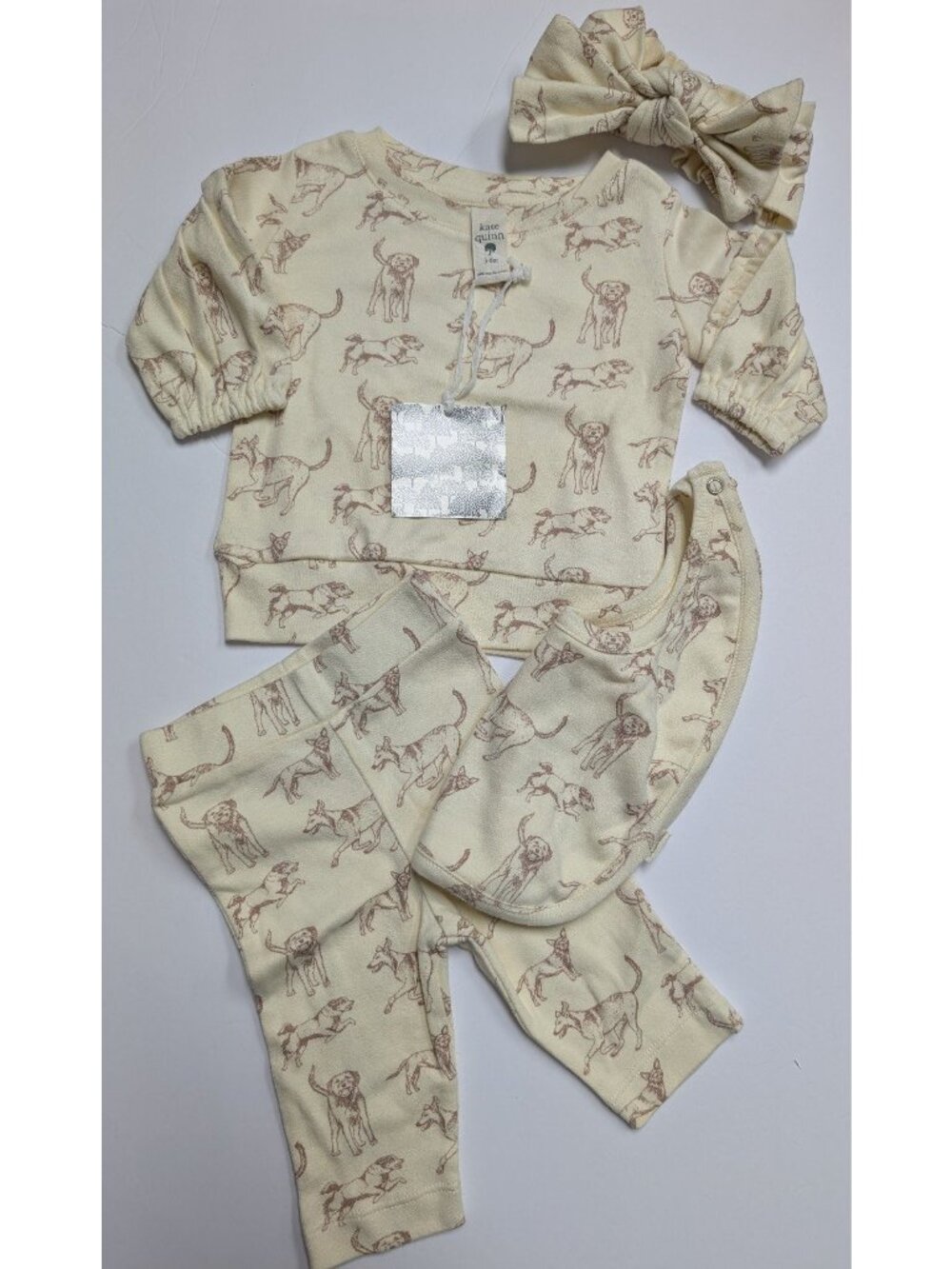 Kate Quinn Organic Cotton Dogs Top Leggings Bib Bow Bundle 3-6 Neutral Mutts